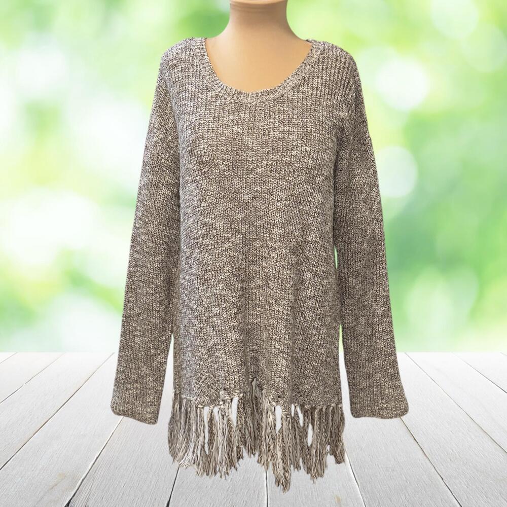Vintage Y2K WINDSOR Fringed Tunic Sweater Chunky Knit Boho Oatmeal Size L